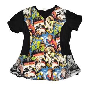 Hemet Medical Scrub Top Woman Size Medium Classic Monsters Halloween